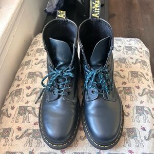 Dr. Martens Black Leather Boots with Blue Laces